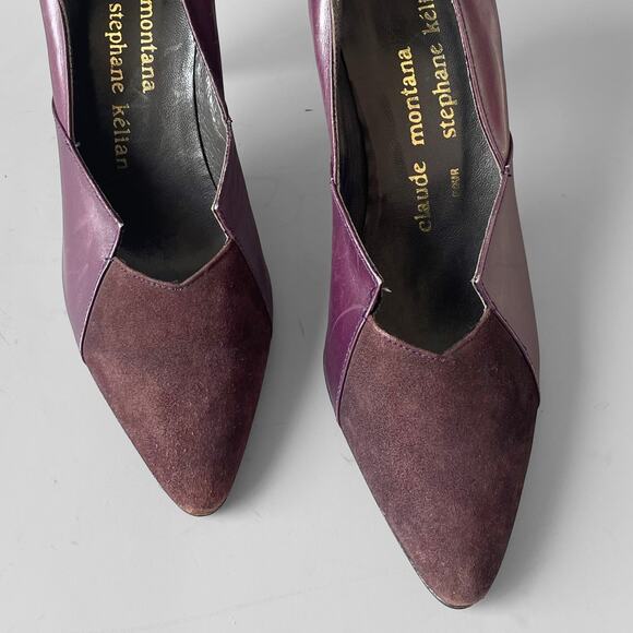 80s Stiletto Claude Montana Stephane Kelian 7.5 Geometric Leather Suede France - Picture 2 of 8